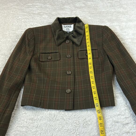 Y2K Kasper A.S.L. Petite two piece Green check and velvet collar skirt suit, 4P - Picture 2 of 12